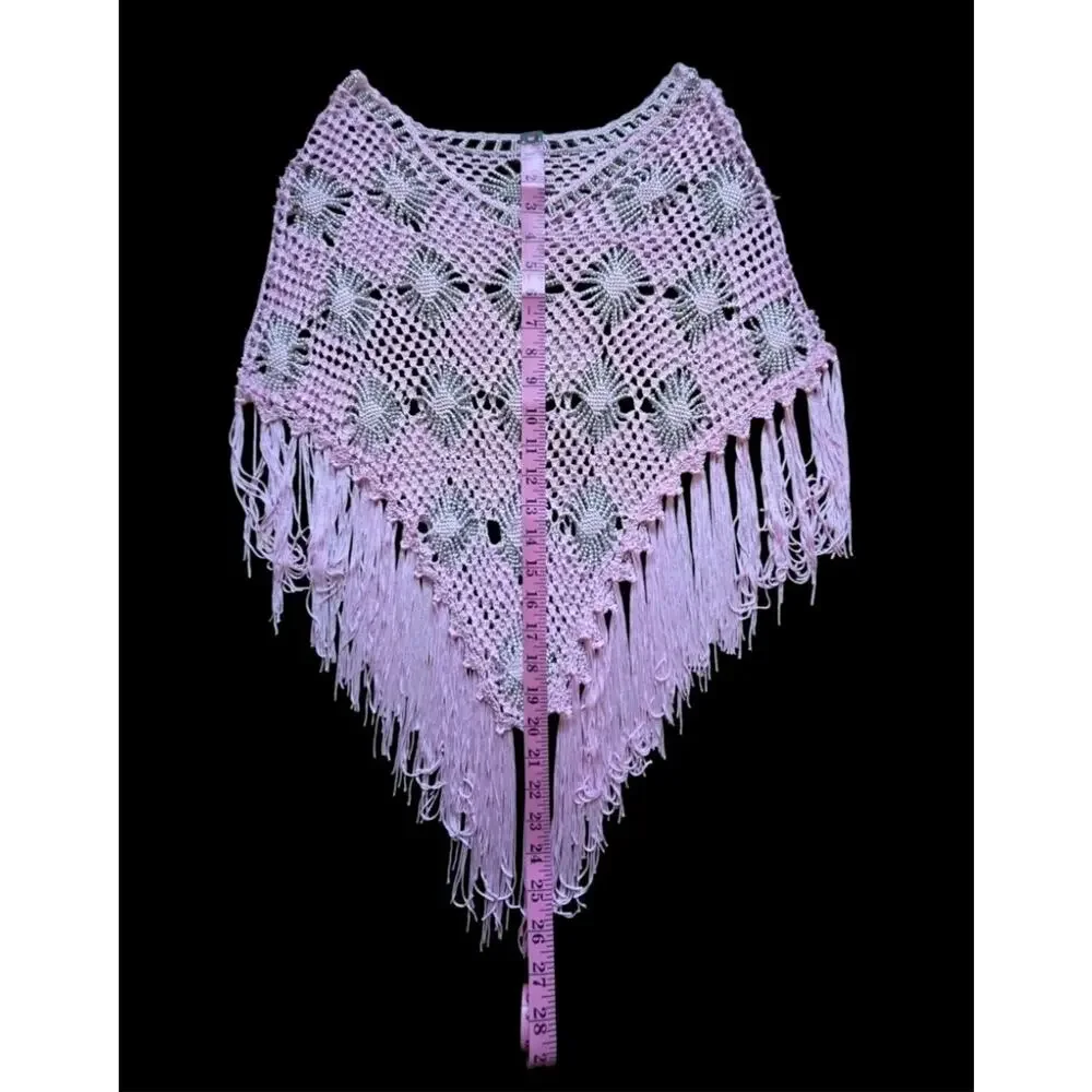 Crochet Poncho Beaded Baby Pink Floral Fringe Fairy Boho Festival Beach Cover Up